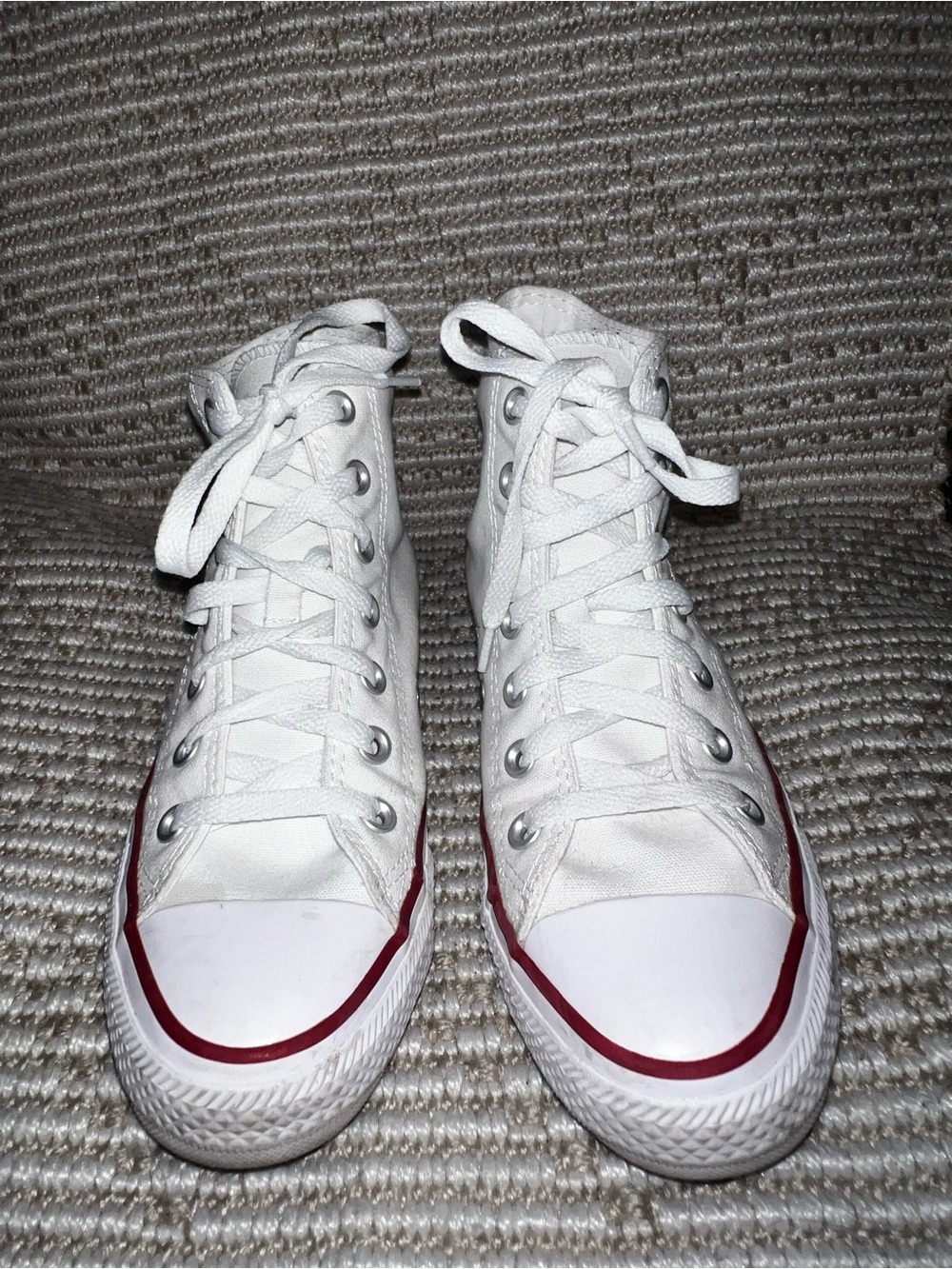 CONVERSE Classic High-Top Canvas Sneakers in White with Red Trim